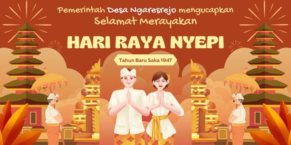Merah dan Emas Dekoratif Modern Banner Ucapan Selamat Merayakan Hari Raya Nyepi